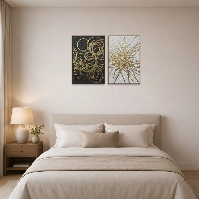 Gold geometric set enriches a serene bedroom setting with plush bedding.