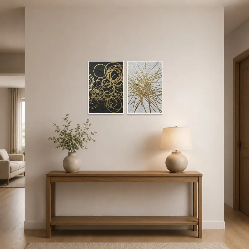 Gold geometric set welcomes guests in a stylish entrance hall.