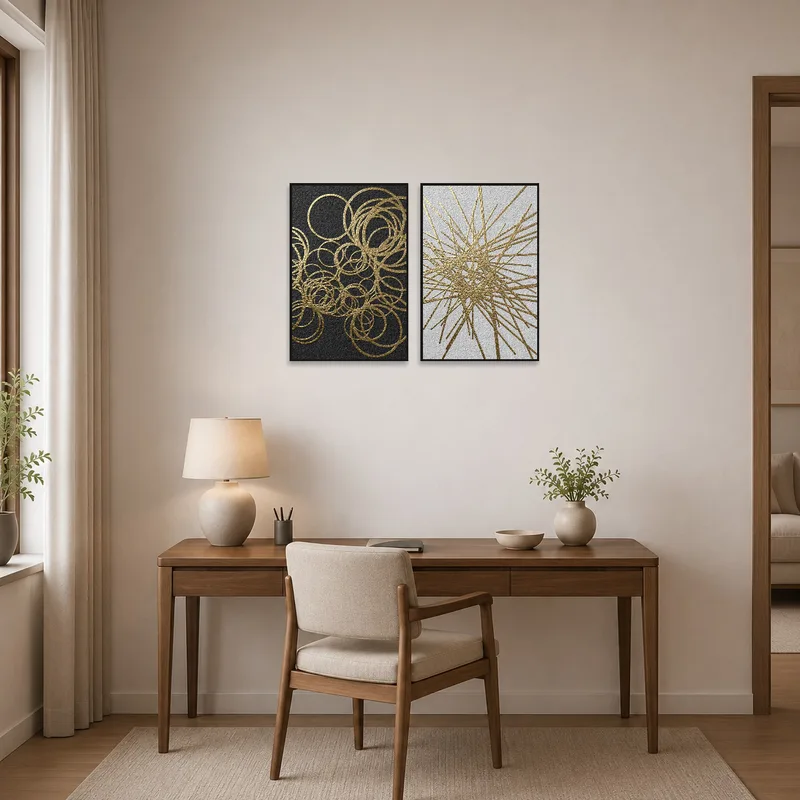 Gold geometric set elevates productivity in a sleek modern home office.