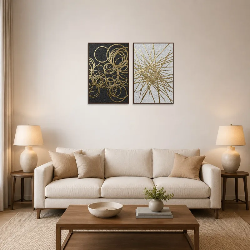 Gold geometric set on textured background in a chic living room with neutral tones.