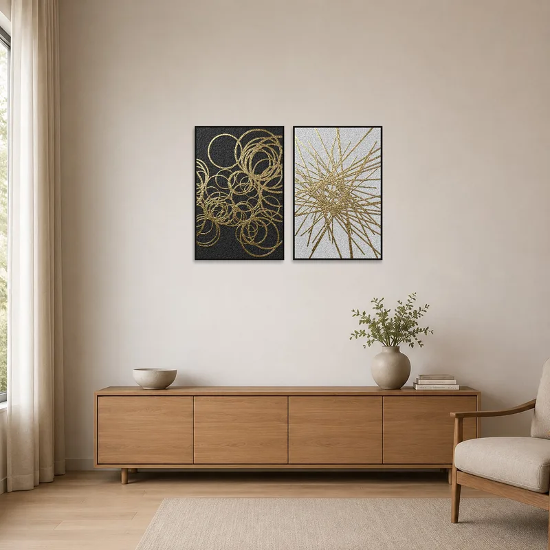 Gold geometric set adds elegance to a simplistic minimalist space.
