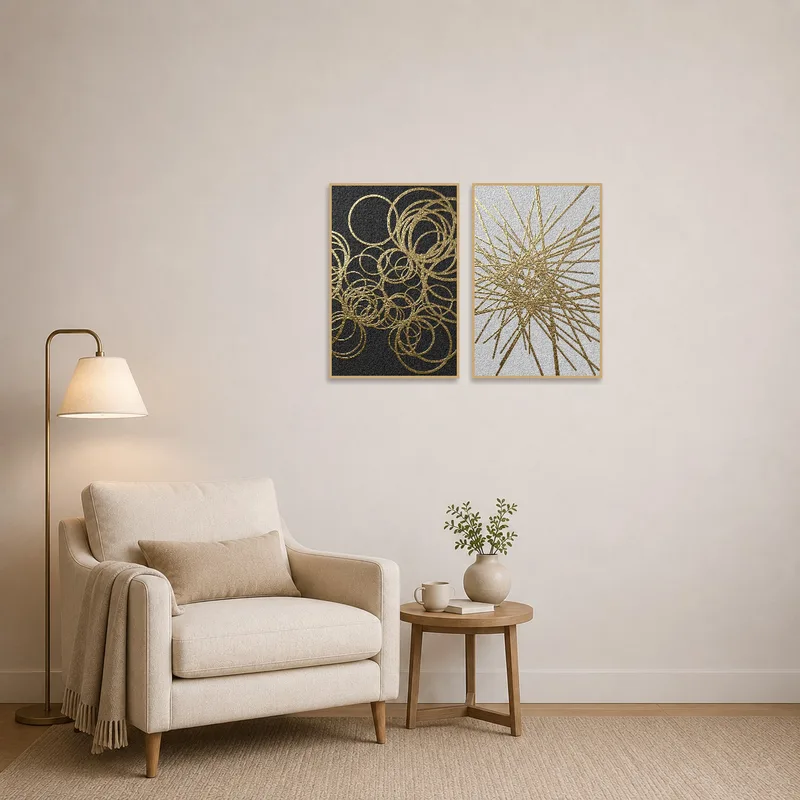 Gold geometric set enhances a cozy reading corner with warm accents.
