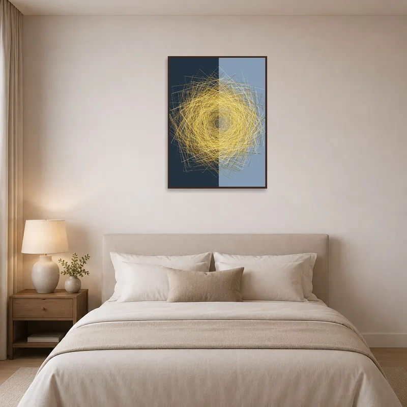 Geometric spiral print in gold tones accentuates the soothing vibe of a bedroom.