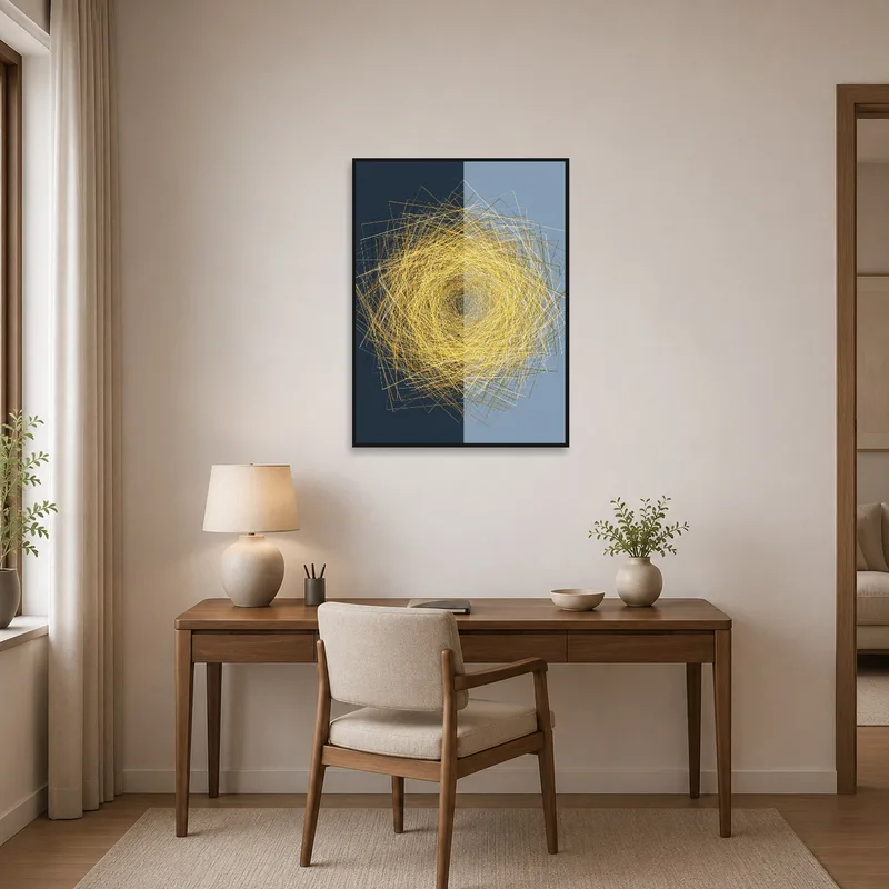 Golden spiral print infuses creativity in a contemporary home office space.