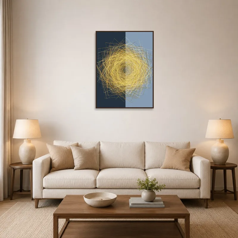Golden geometric spiral print on living room wall, adding elegance to modern decor.