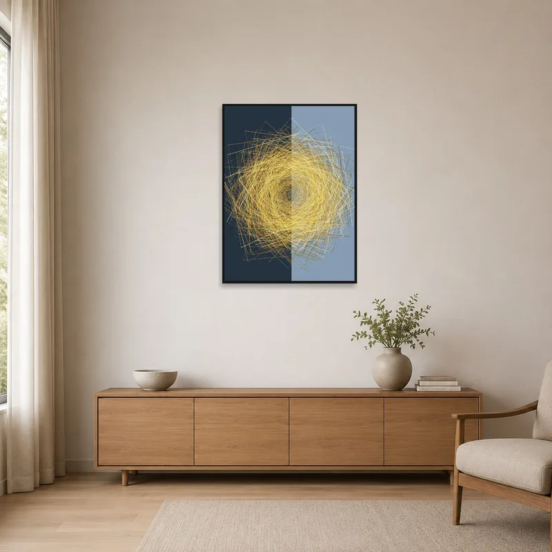 Minimalist room enriched by a golden geometric spiral print for subtle sophistication.