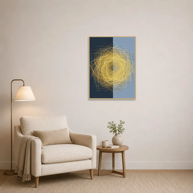 Golden geometric spiral print enhances the cozy atmosphere of a reading corner.