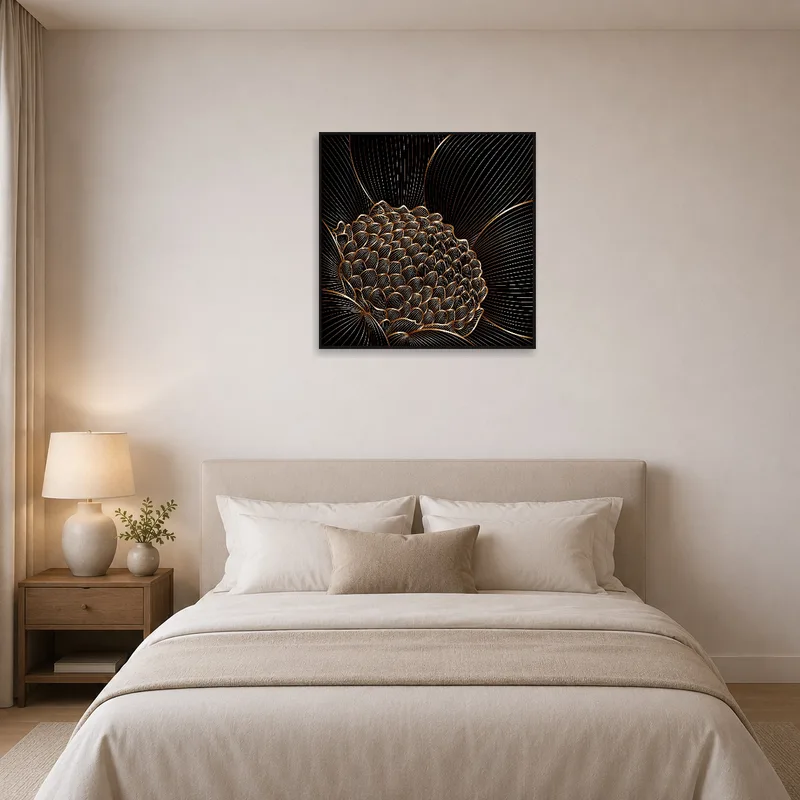 Bedroom wall adorned with lotus blossom artwork, creating a serene ambiance above the bed.