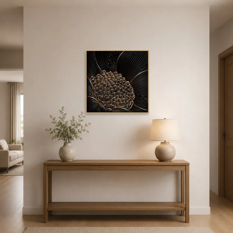 Lotus blossom artwork with metallic accents greeting visitors in a well-lit entrance hall.
