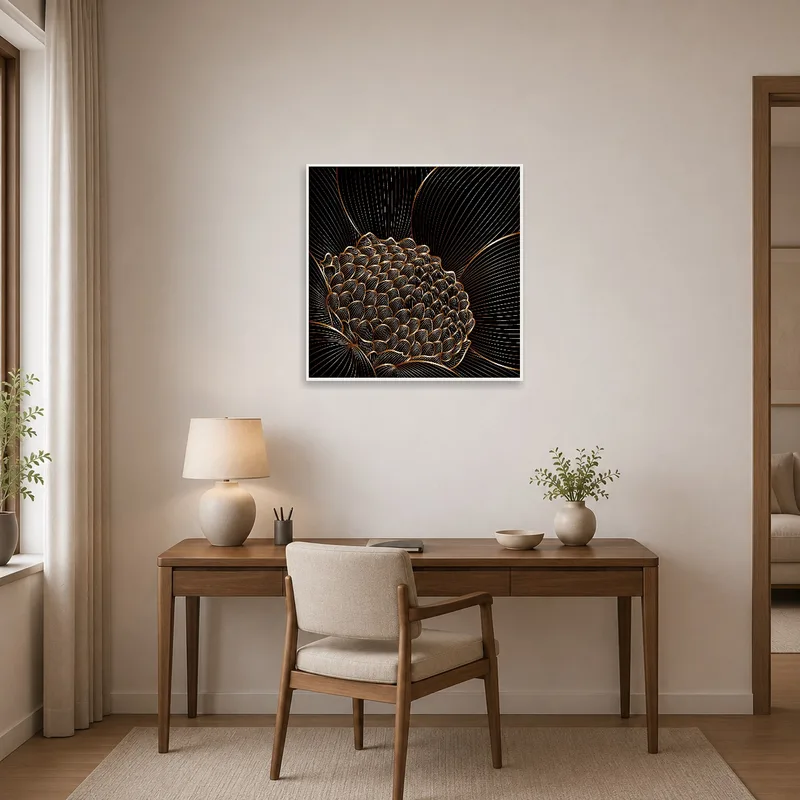 Home office with lotus blossom artwork providing inspiration next to a sleek desk.