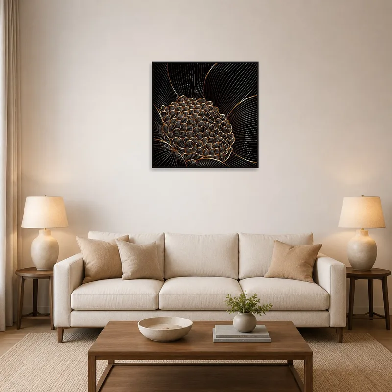 Lotus blossom artwork with metallic accents on a living room wall above a modern sofa.