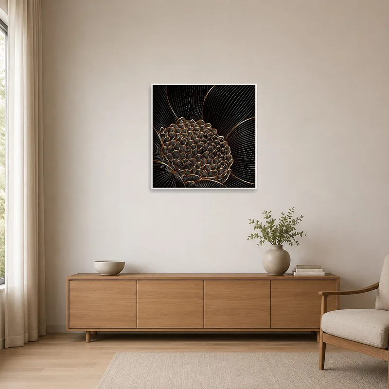 Minimalist room featuring a lotus blossom artwork with metallic accents against a clean backdrop.