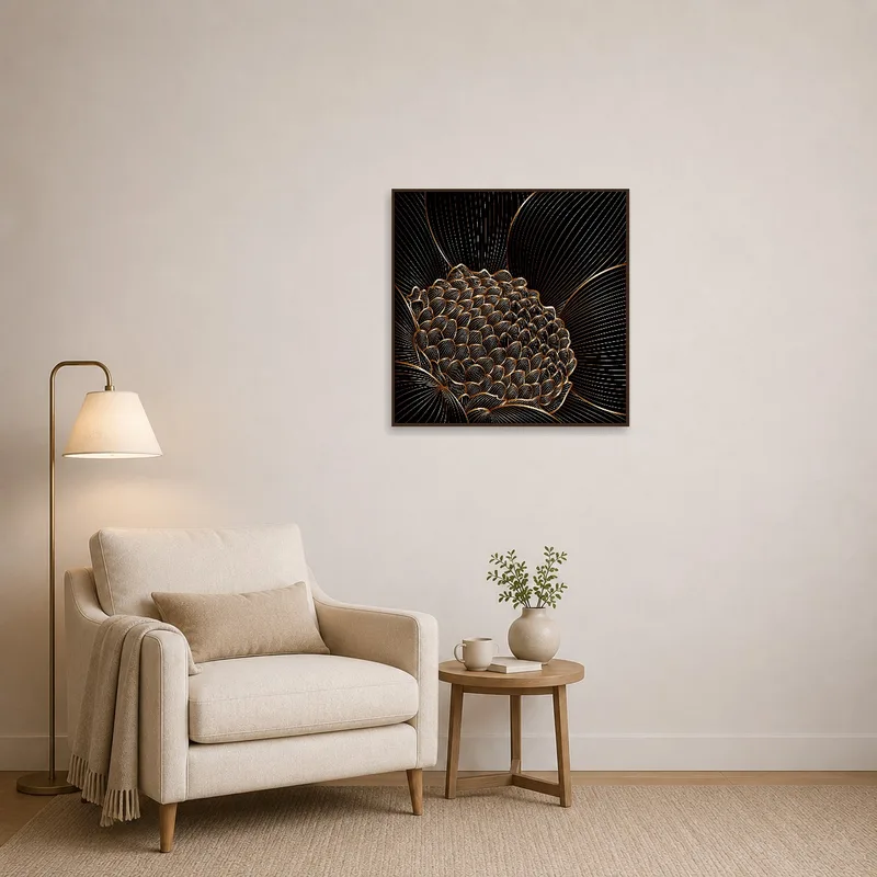 Cozy reading corner with lotus blossom artwork, adding elegance beside a plush armchair.