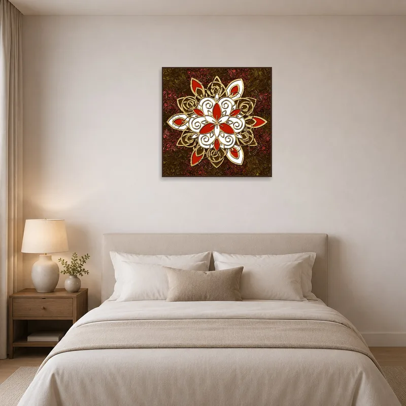 Mandala art in soothing shades placed above a bedroom headboard.