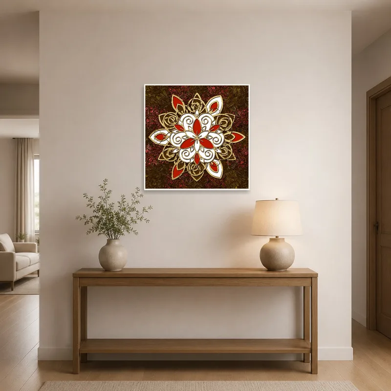 Mandala art set in an entrance hall, adding warmth to the space.