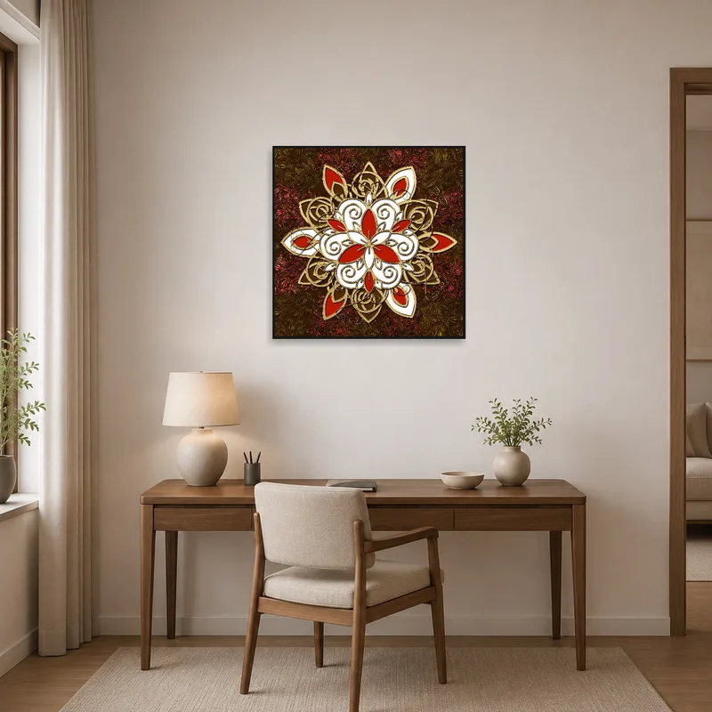 Rich earth tone mandala art hanging in a tidy home office wall.