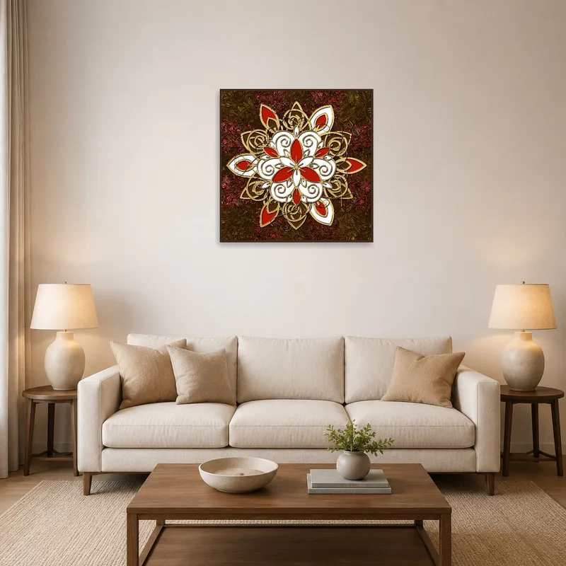 Mandala art in rich earth tones displayed above a cozy living room sofa.
