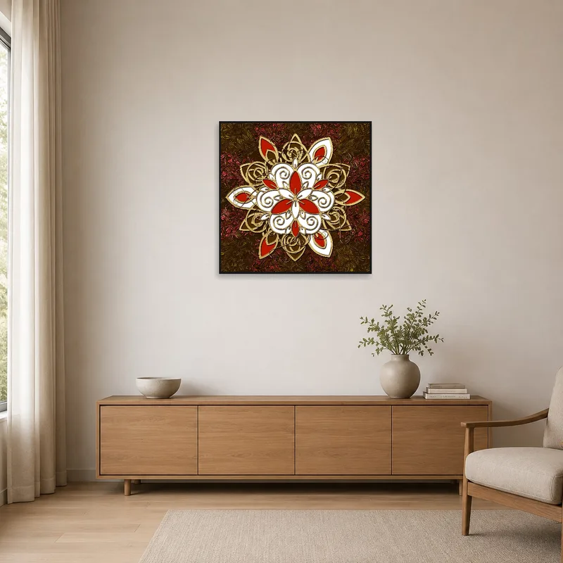 Mandala artwork complementing a minimalist room with neutral tones.