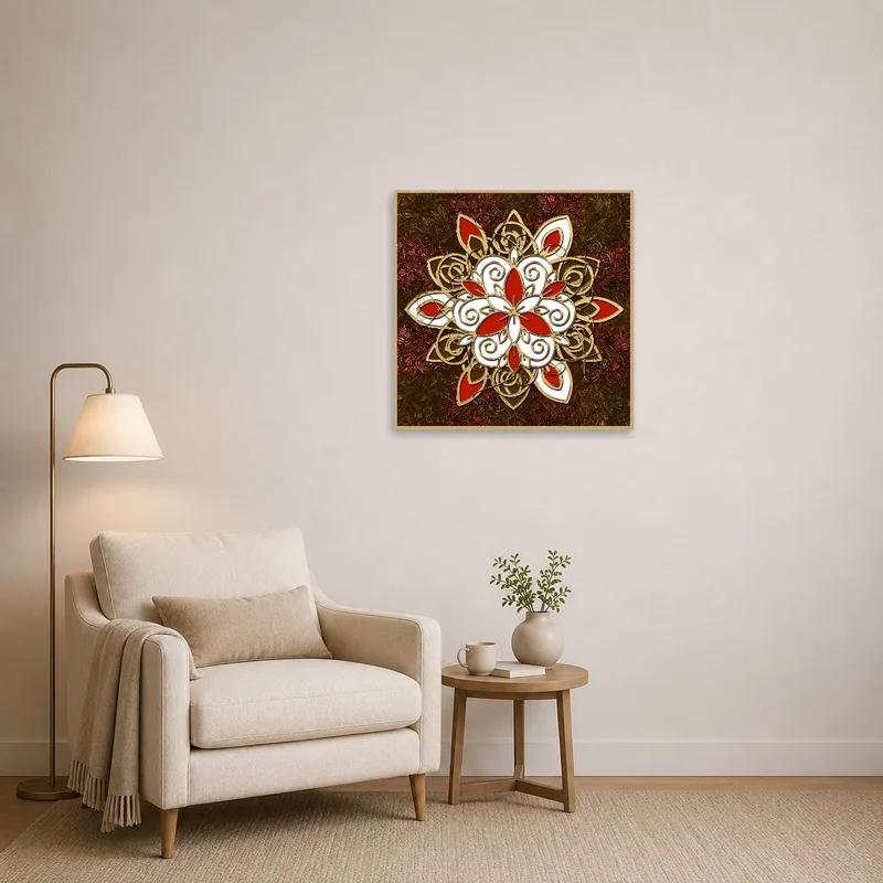 Earth-toned mandala piece beside a comfortable reading chair.