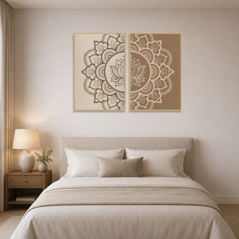 Earthy mandala set introduces calmness above a bed in the bedroom.