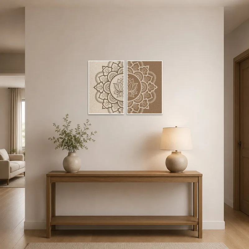 Mandala set welcomes with earthy tones in a bright entrance hall.