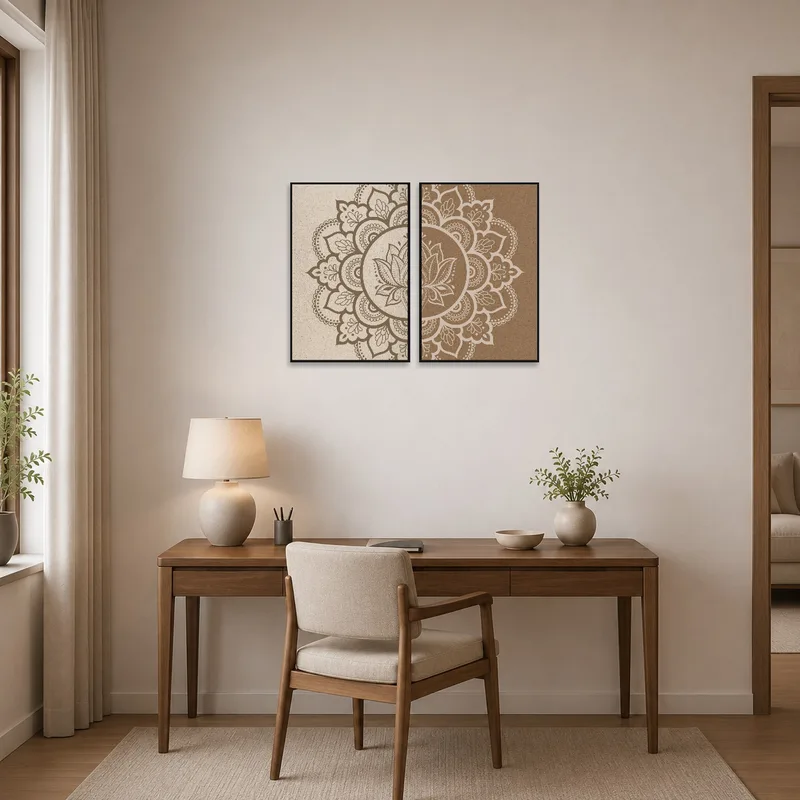 Earthy mandala set inspires creativity in a neatly arranged home office.