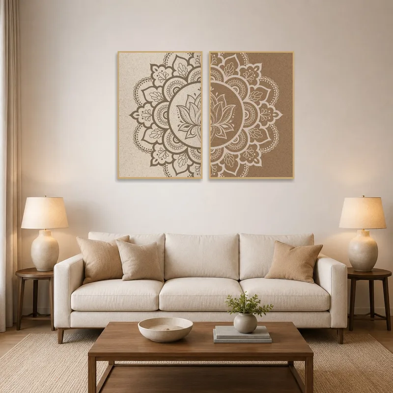 Earthy mandala set adds warmth to a cozy living room with plush seating.