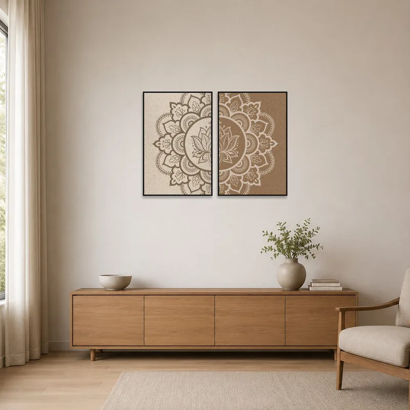 Earthy mandala set creates a focal point in a serene, minimalist room.