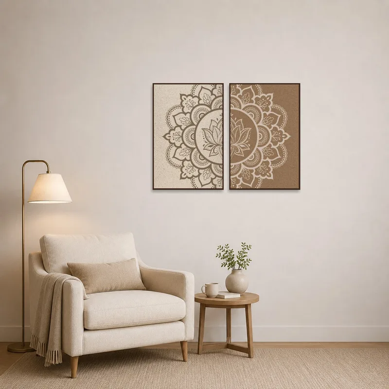 Earthy mandala set provides tranquility in a cozy reading corner.