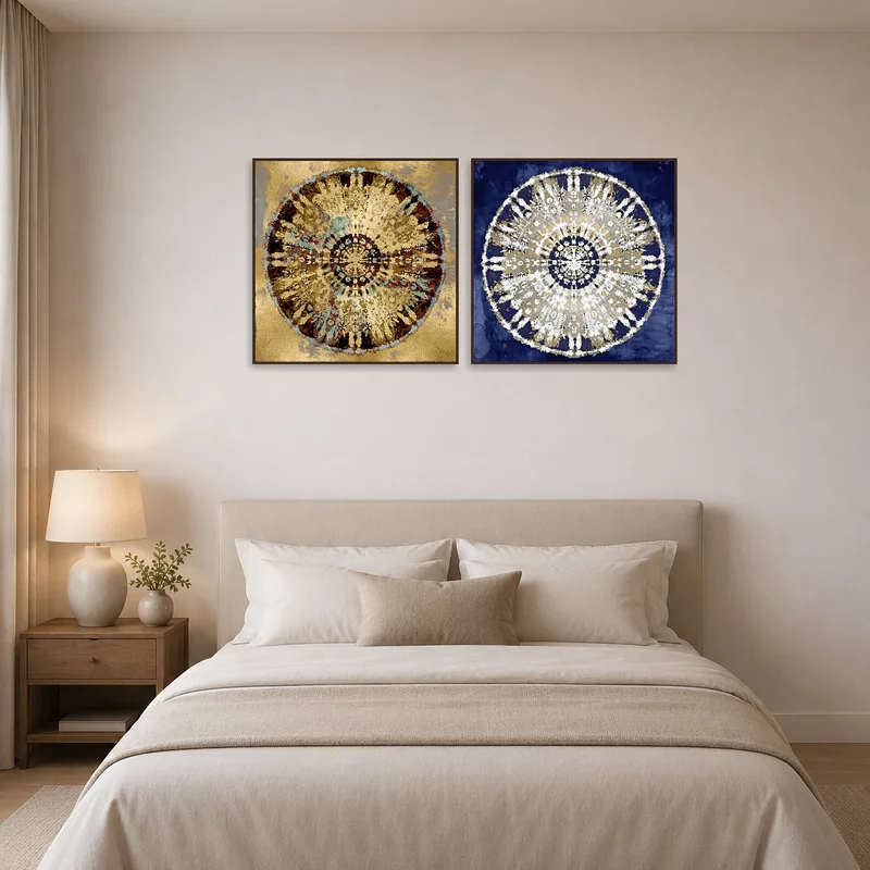 Intricate mandala set enhancing the serene atmosphere of a bedroom.