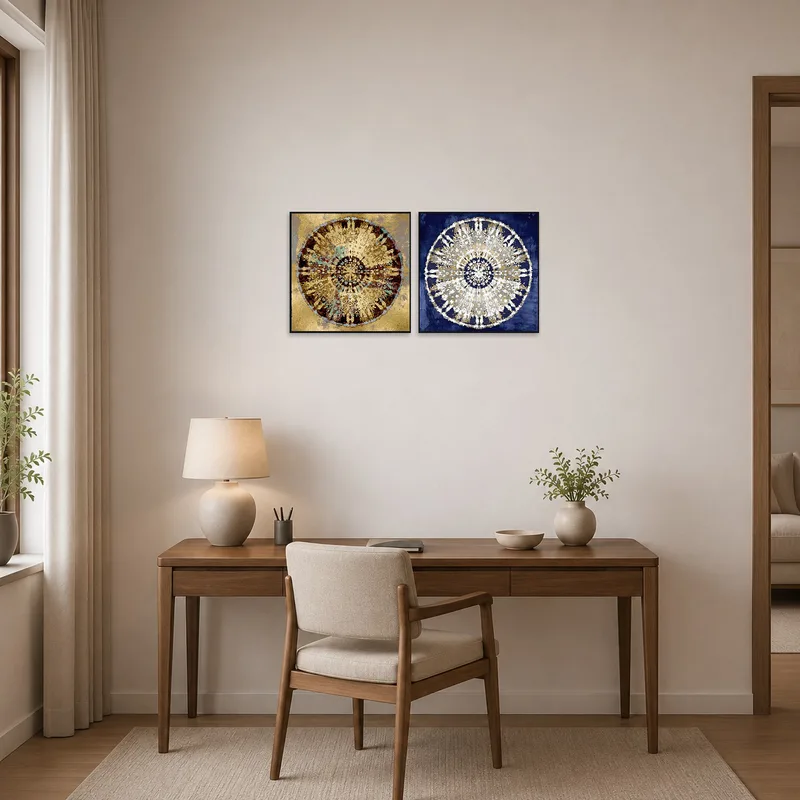 Gold and blue mandala set inspiring creativity in a home office.