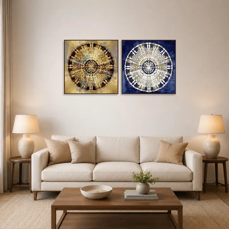 Gold and blue mandala set adding an elegant touch to a cozy living room.