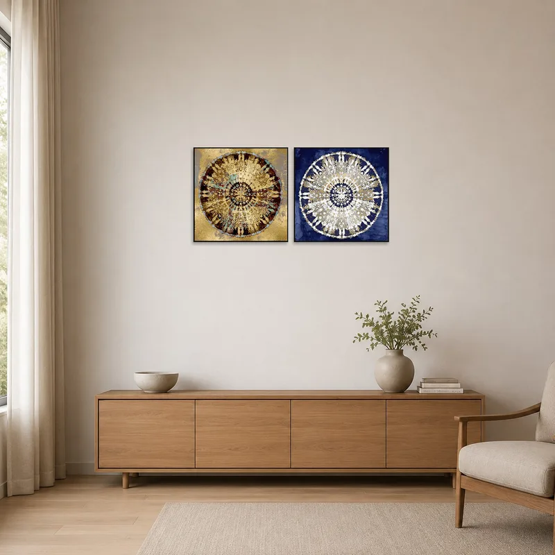 Bold mandala set bringing a splash of color to a minimalist room.