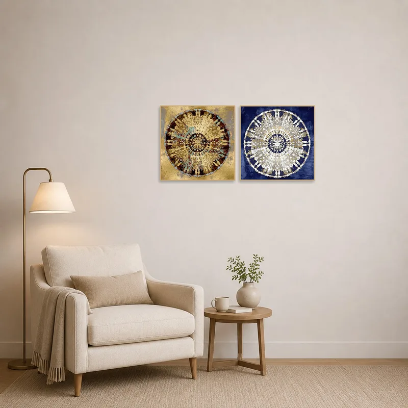 Gold and blue mandala set creating a calming ambiance in a reading corner.