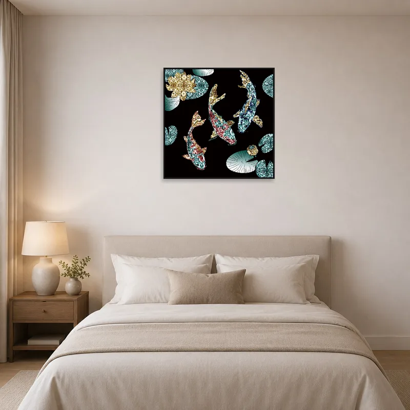 Bedroom wall displaying koi fish and lily pads with calming hues.