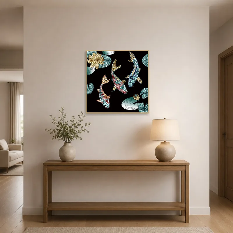 Entrance hall showcasing koi fish and lily pads abstract art.