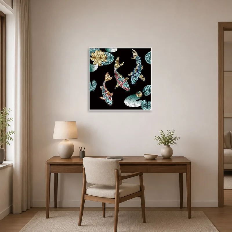 Home office enhanced by koi fish abstract art for creative inspiration.
