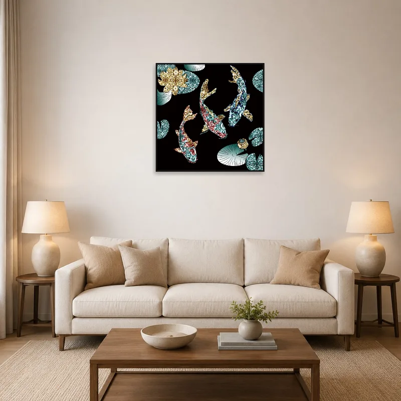 Koi fish and lily pads square art above a modern living room sofa.
