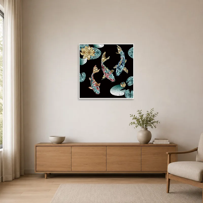 Minimalist room featuring a koi fish artwork on a plain wall.