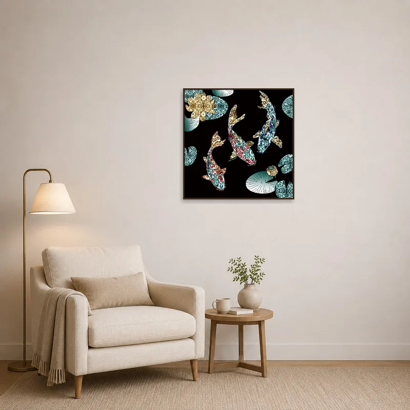 Reading corner adorned with a koi fish square art for a serene touch.