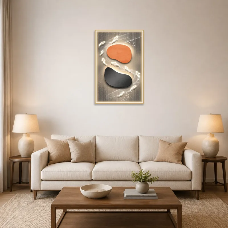 Koi Serenity artwork above a sofa in a cozy living room setting.