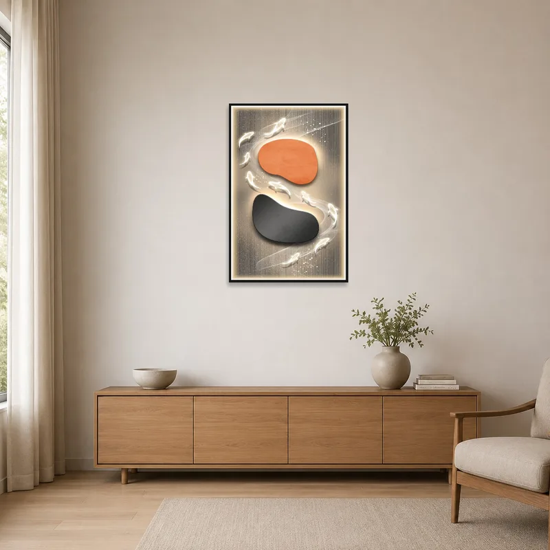 Koi Serenity displayed on a plain wall in a sleek, minimalist space.