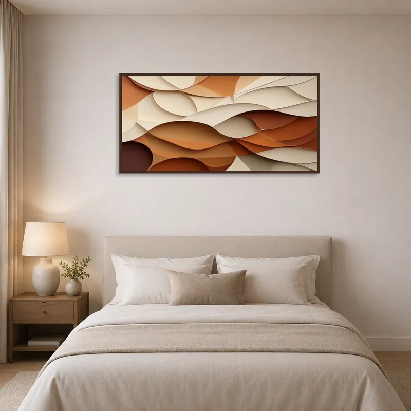 Panoramic abstract art with earth tones complements bedroom decor.