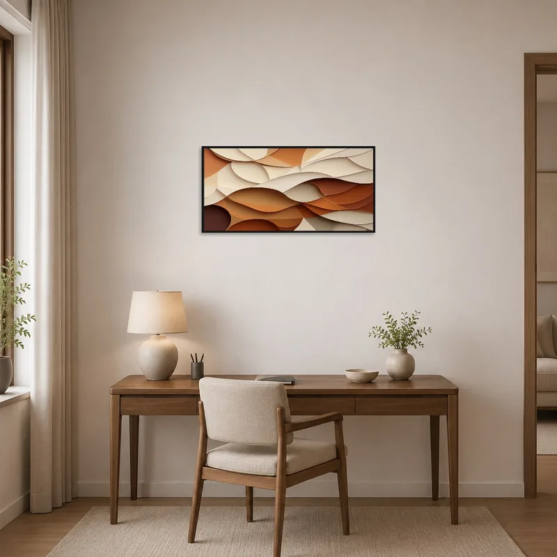 Abstract art in layered earth tones enhances the home office space.