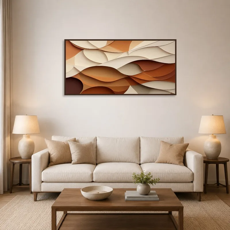 Layered earth tones abstract art above a modern living room sofa.