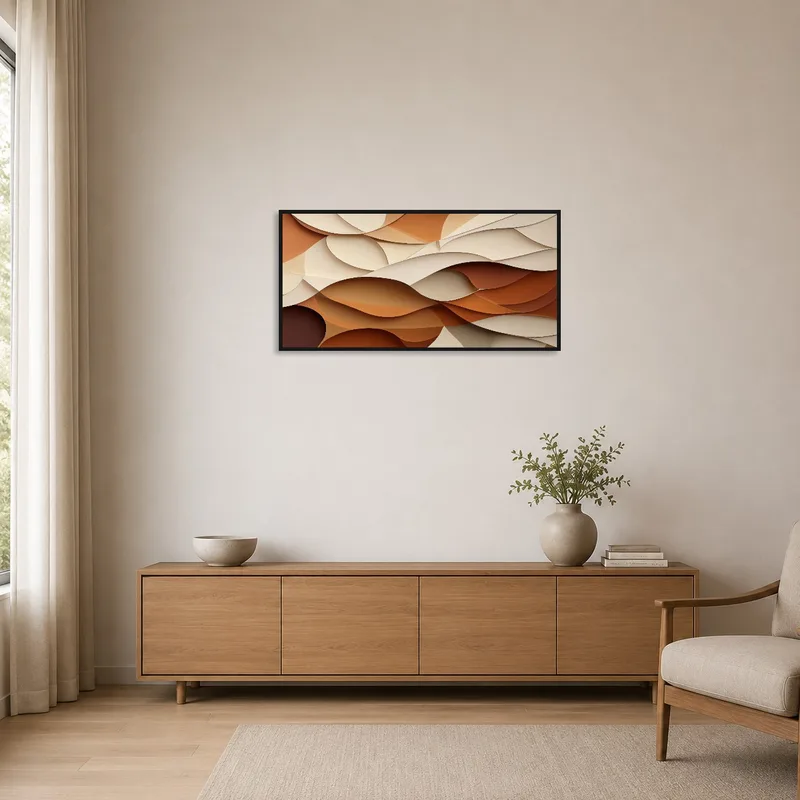 Minimalist room with earth-tones abstract art on a plain wall.