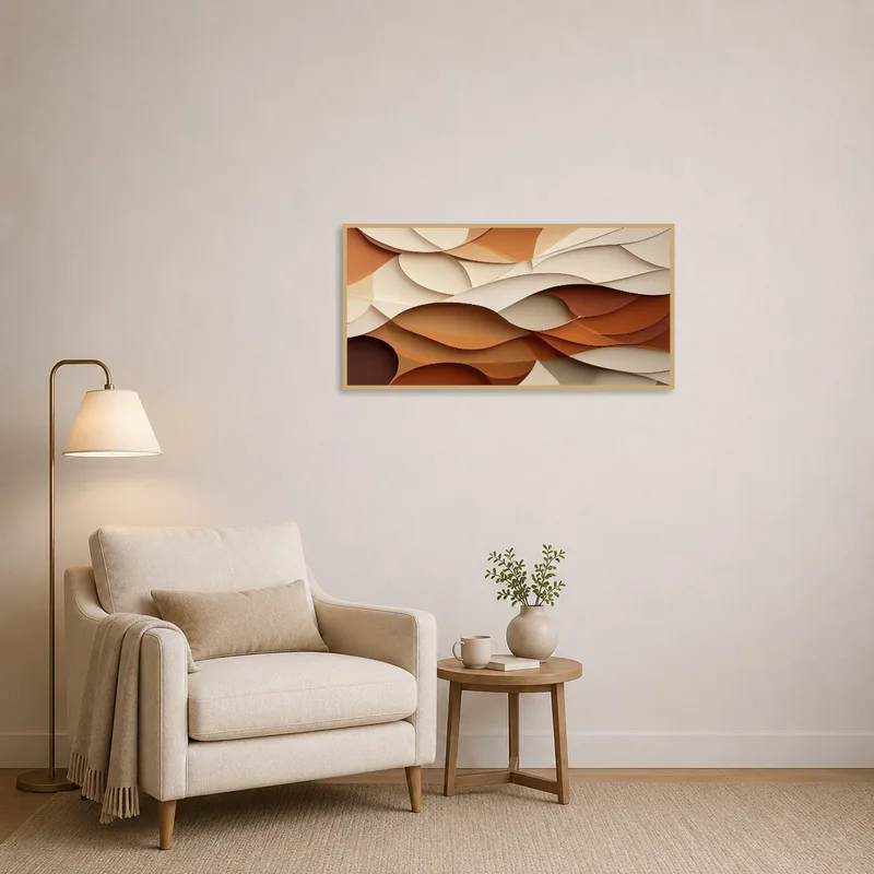Earth-tone abstract art adds warmth to a cozy reading corner.