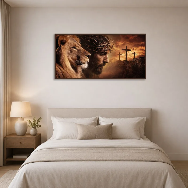 Lion and Cross artwork creating a calming ambiance in a stylish bedroom.