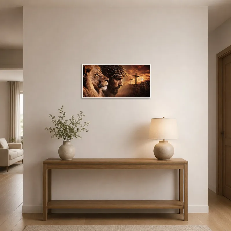 Lion and Cross artwork greeting guests in an elegant entrance hall.