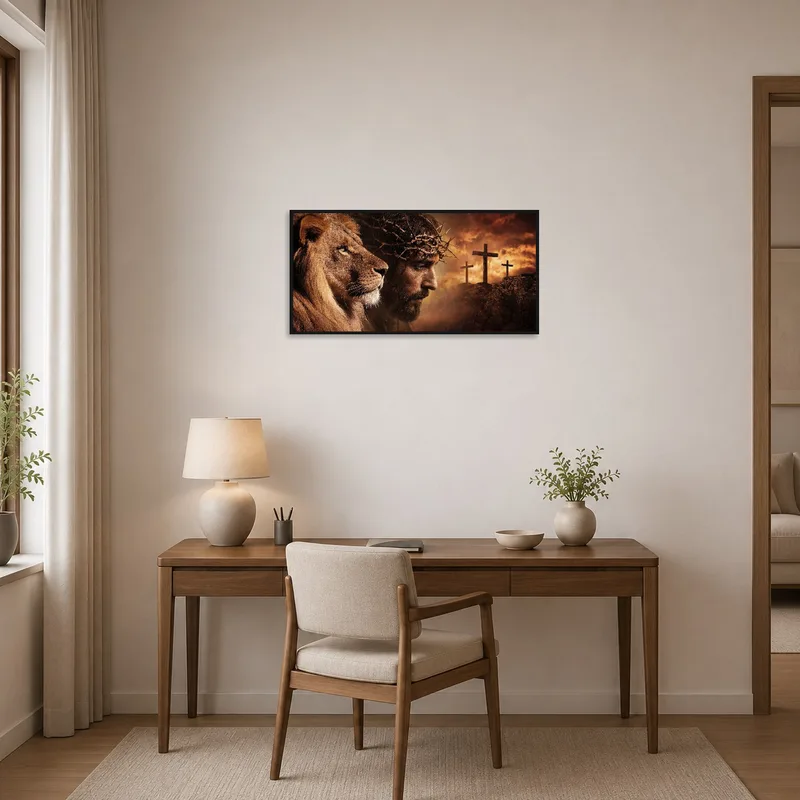 Lion and Cross artwork inspiring creativity in a sleek home office.